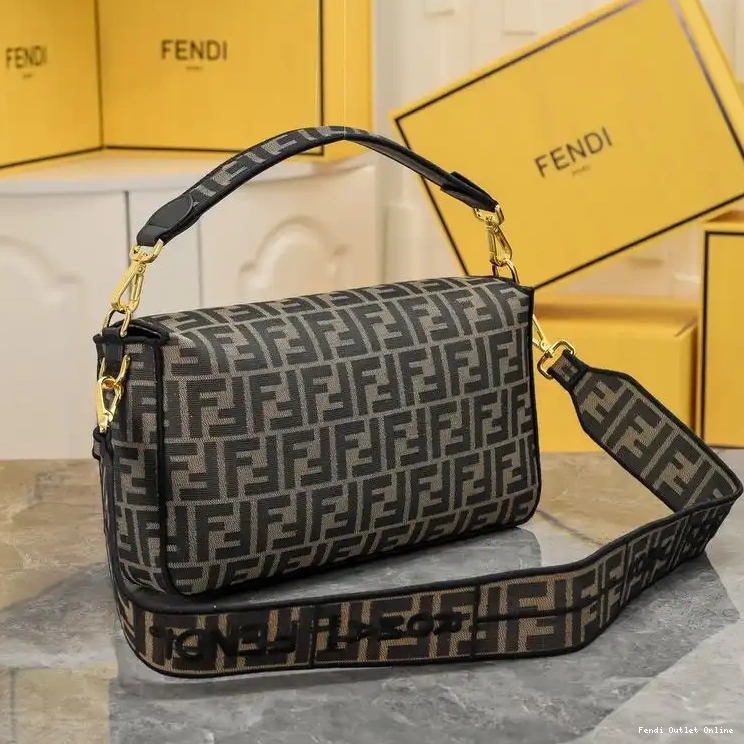 Affordable Bag FF Large Baguette In Motif Fabric Fendi Brown 0701